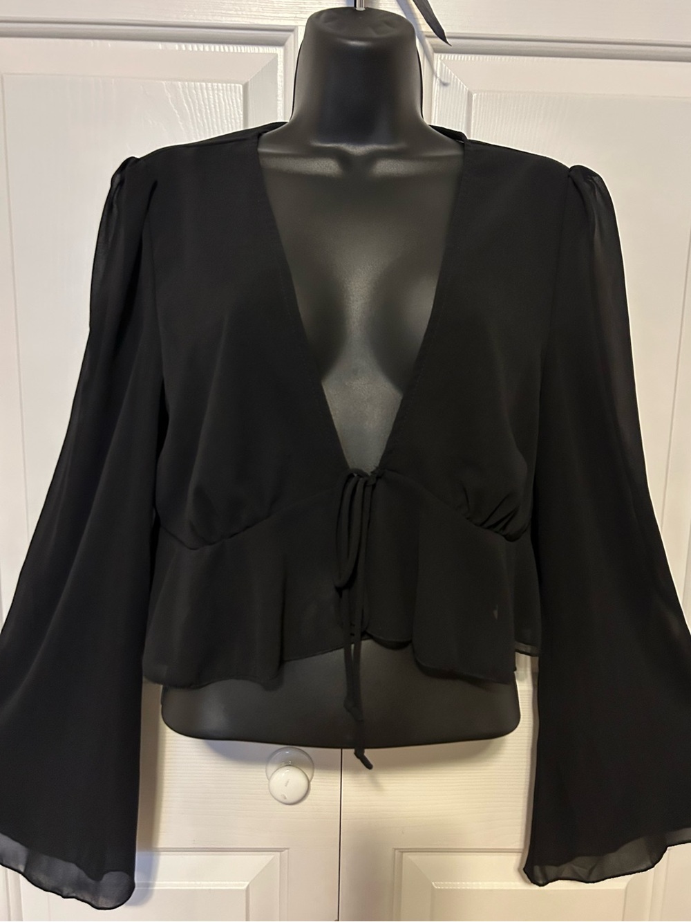 Black V-Neck Tie-Front Peplum Blouse - Women